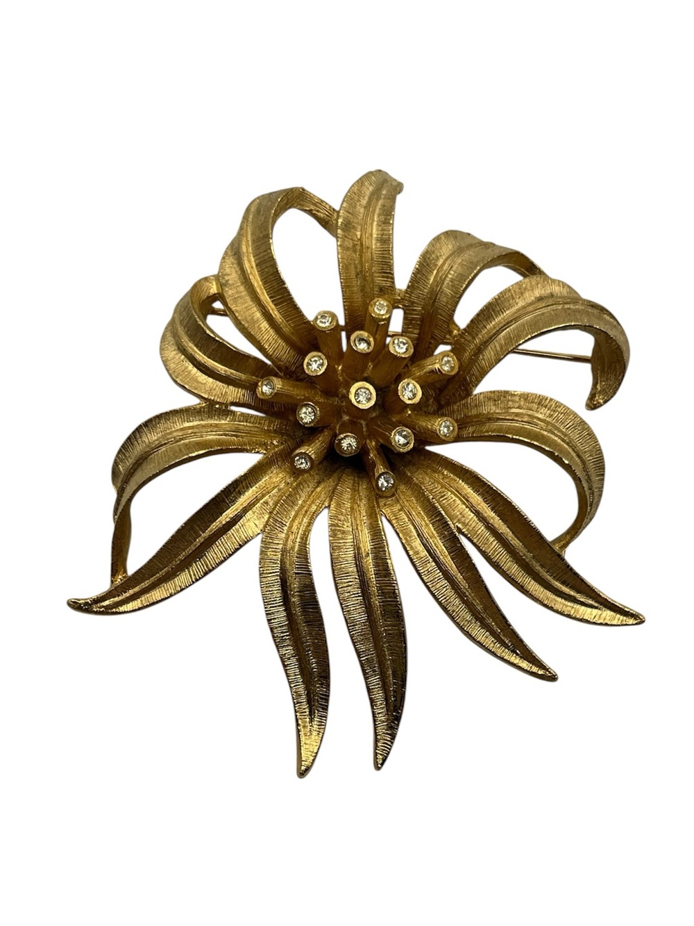 Oversized gold tone textured flower brooch pin clear rhinestone vintage